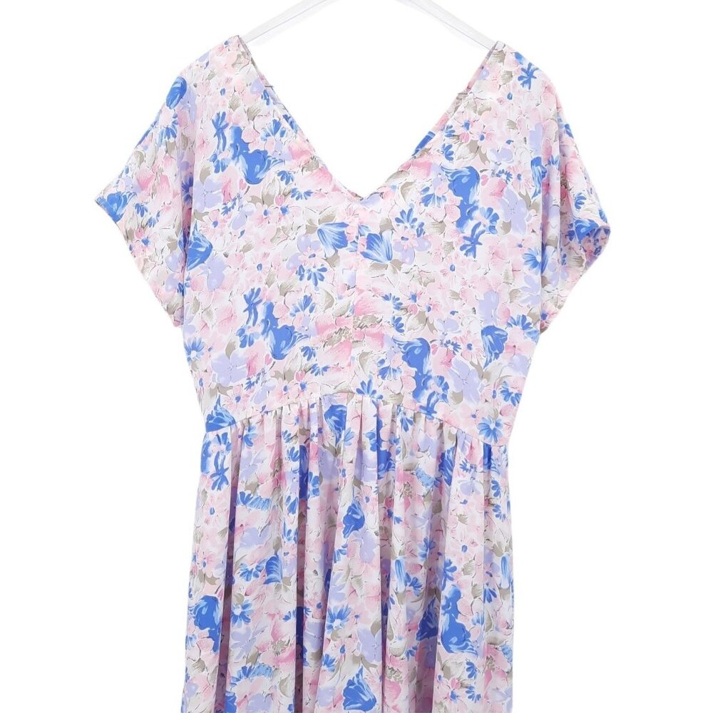VTG 80s Pink Blue Green White Floral V-Neck V-Back Midi Fit & Flare Dress L - Picture 2 of 8